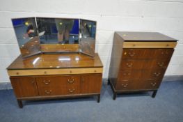 A MID CENTURY GOLDEN KEY TEAK FINISH BEDROOM SUITE, comprising a dressing table, and a tall chest of