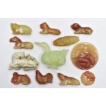 A QUANTITY OF HARDSTONE FIGURINES, to include a carved green hardstone duck, a carved green