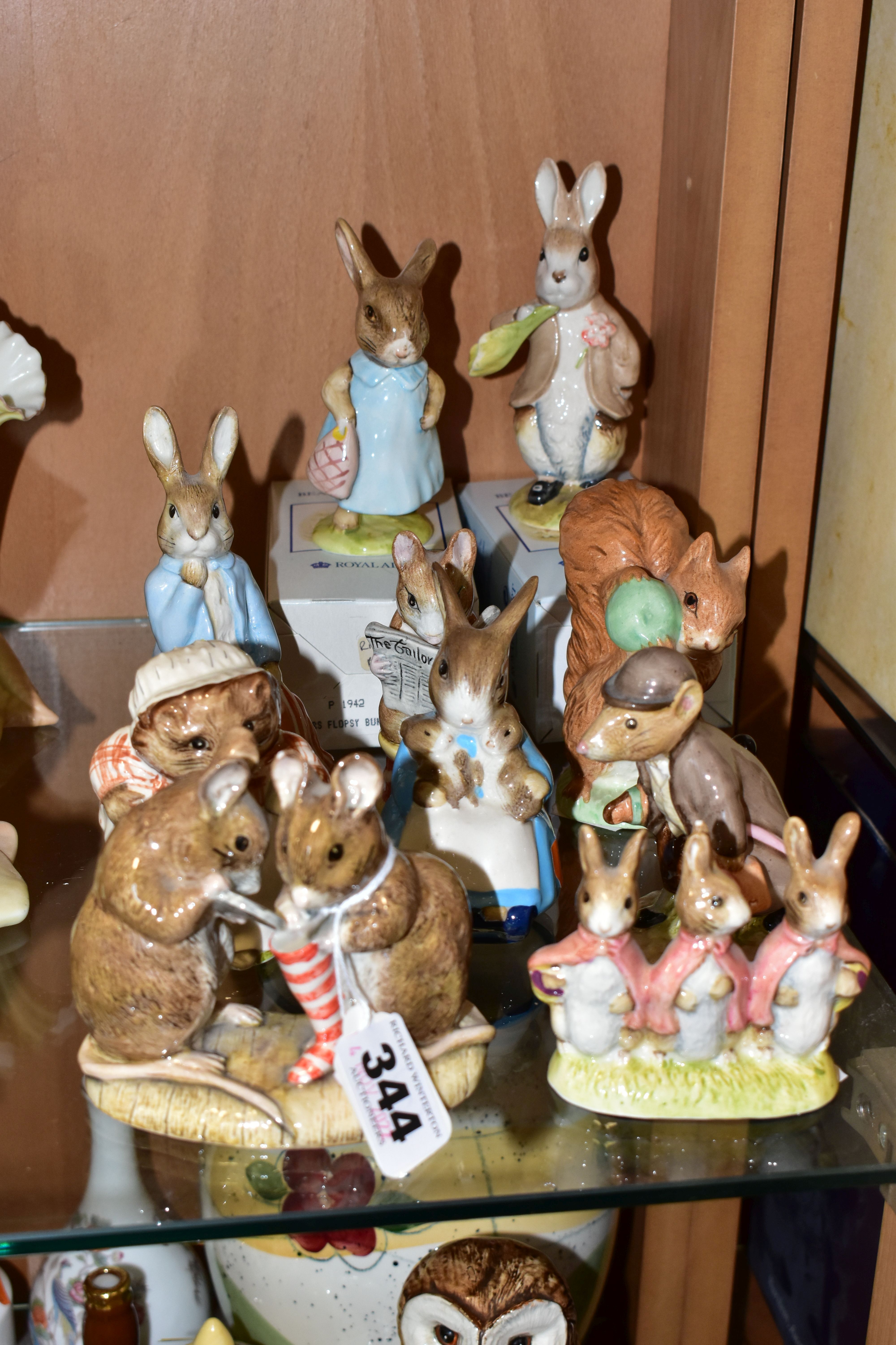 A GROUP OF TEN ROYAL ALBERT BEATRIX POTTER FIGURES, comprising boxed Mrs Flopsy Bunny, boxed