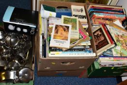 FIVE BOXES OF ASSORTED BOOKS AND STAINLESS STEEL UTENSILS, one box containing a miscellaneous