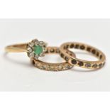 THREE GEM SET RINGS, the first a 9ct gold cluster ring set with a circular cut emerald within a