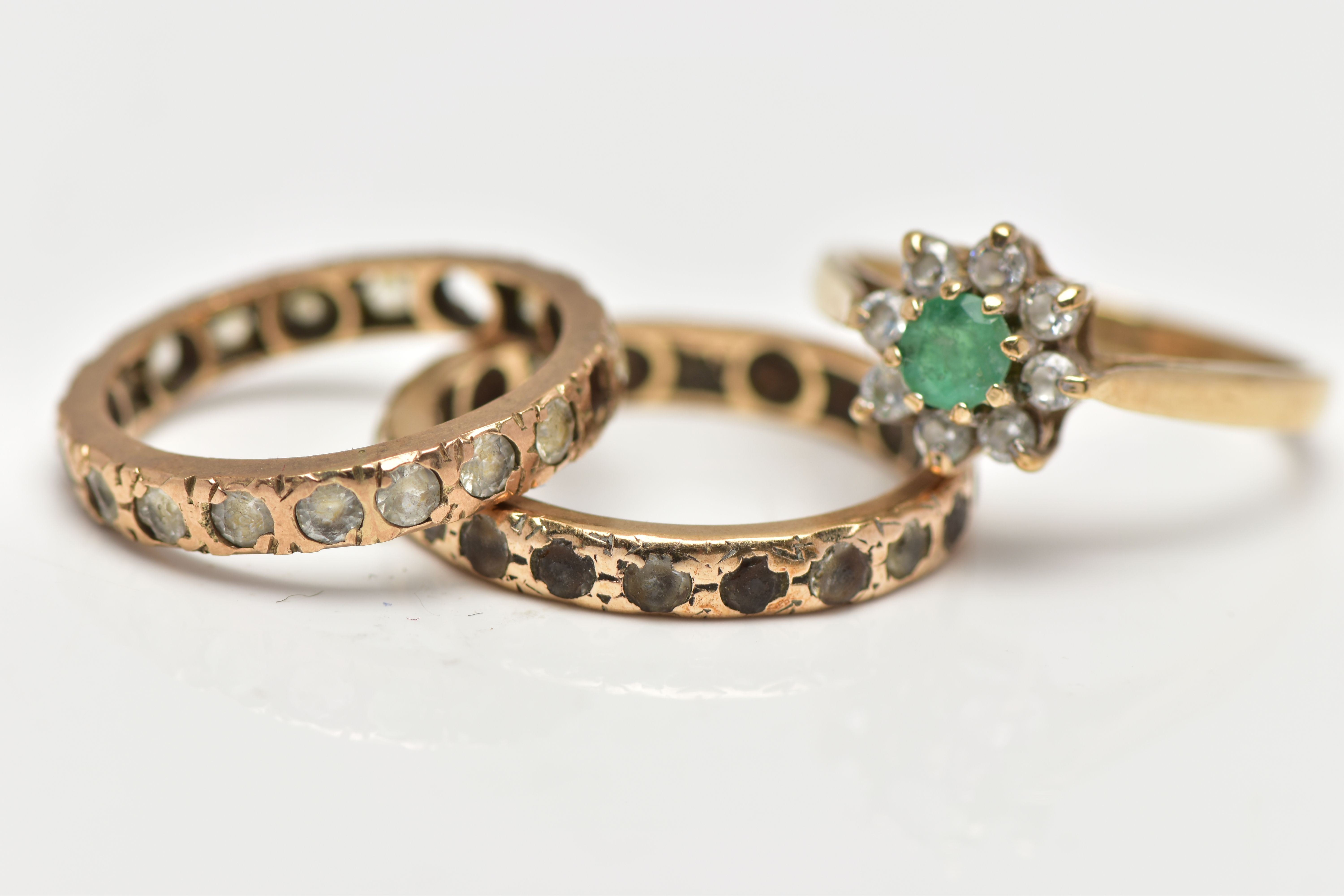 THREE GEM SET RINGS, the first a 9ct gold cluster ring set with a circular cut emerald within a - Image 2 of 3