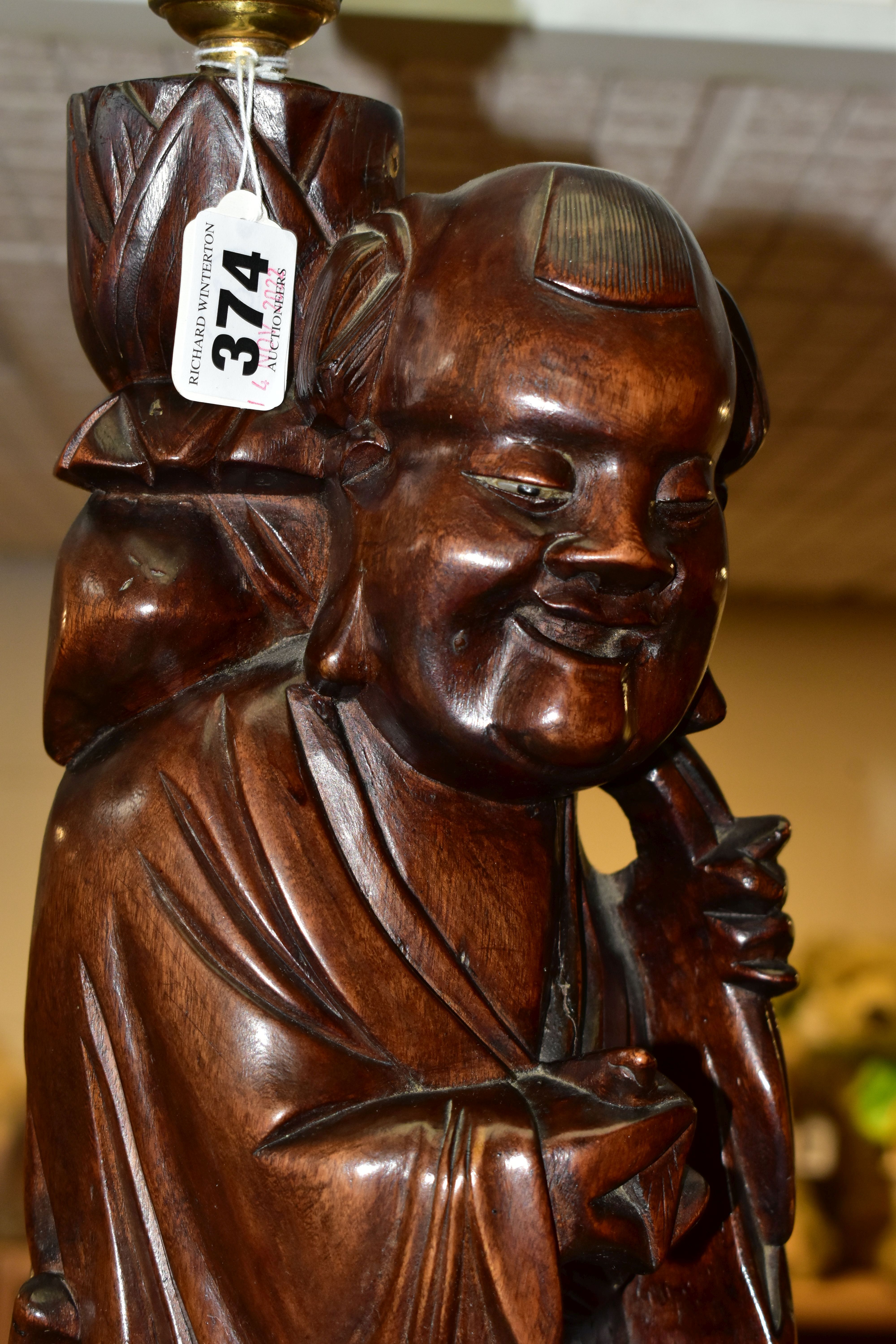 A LARGE WOODEN FIGURAL TABLE LAMP, a hand carved figure of Chinese Shou Lao (god of Longevity), - Image 2 of 5