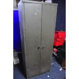 A GREEN PAINTED METAL TWO DRAW CUPBOARD enclosing five shelves measuring width 72cm x depth 46cm x