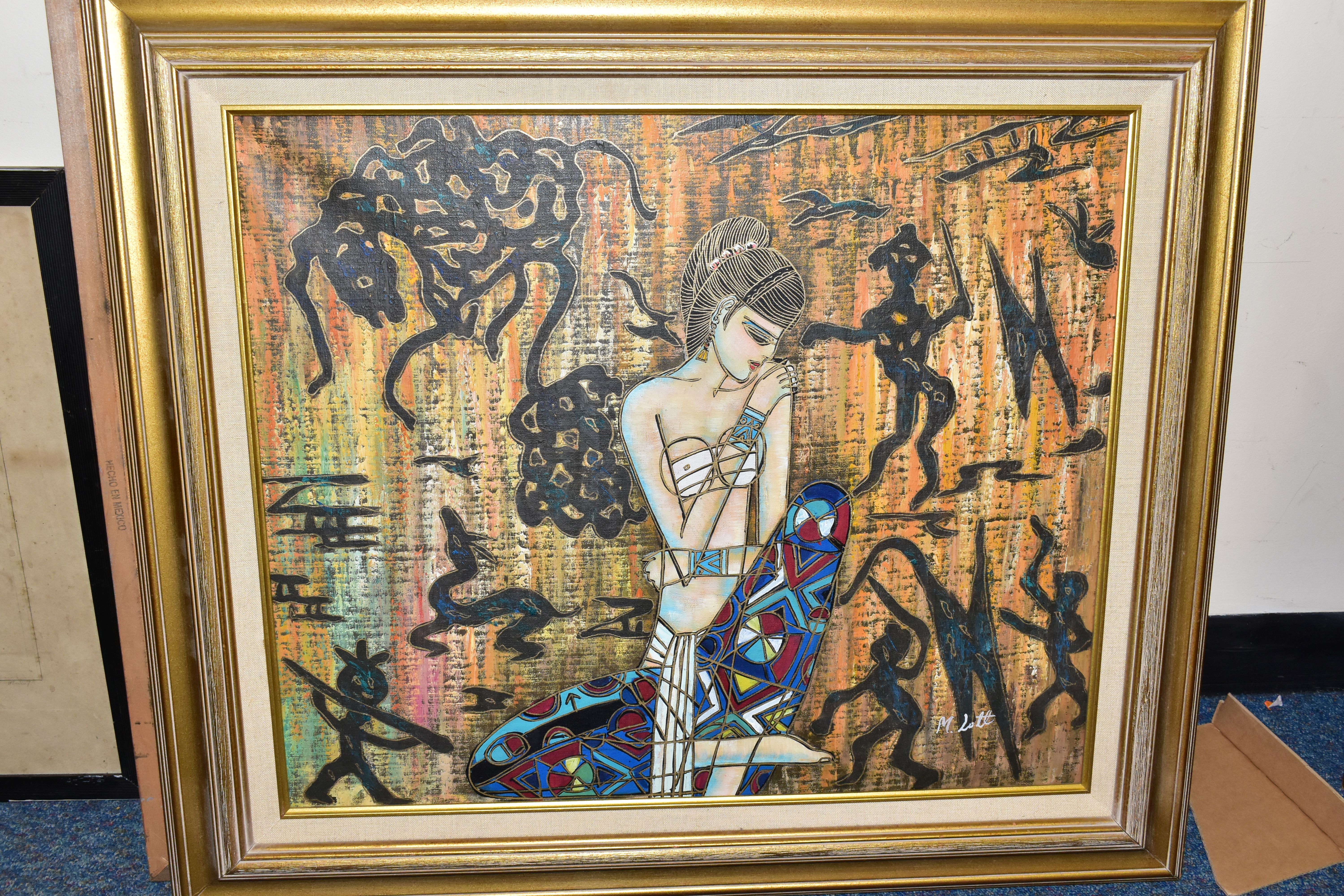 M.LOTT, (CONTEMPORARY) A STYLISED DEPICTION OF A FEMALE FIGURE SURROUNDED BY STYLISED HIEROGLYPHS, - Image 5 of 8