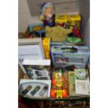 TWO BOXES OF ASSORTED TOYS, to include Hasbro Marvel figures, two boxed M&Ms dispensers, a boxed