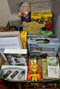 TWO BOXES OF ASSORTED TOYS, to include Hasbro Marvel figures, two boxed M&Ms dispensers, a boxed