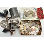 TWO SMALL TINS OF MIXED COINAGE, to include mixed world coinage with approx 330 grams of early to