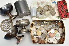 TWO SMALL TINS OF MIXED COINAGE, to include mixed world coinage with approx 330 grams of early to