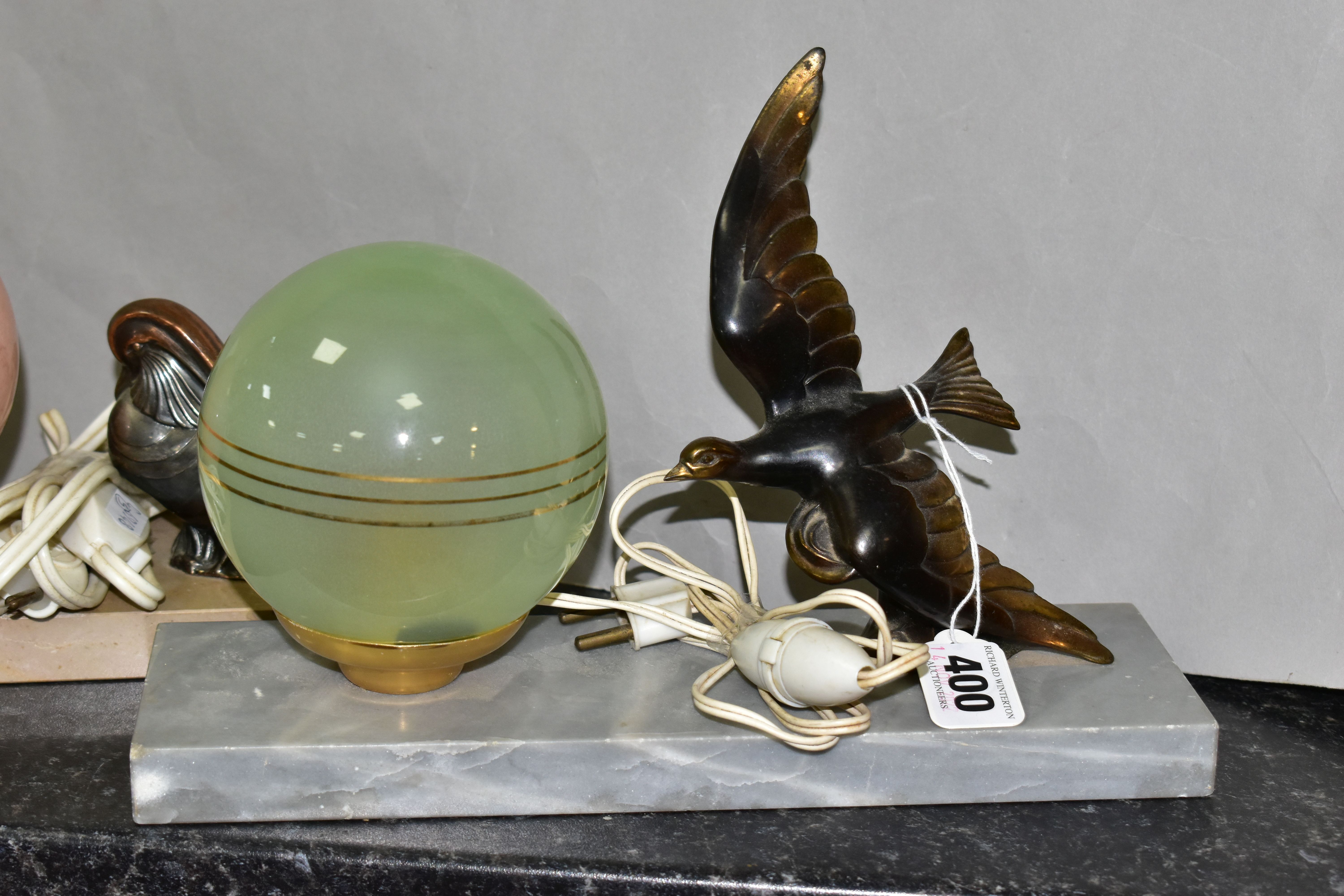 TWO FRENCH ART DECO TABLE LAMPS, one with green glass spherical shade and brass figure of a bird - Image 2 of 5