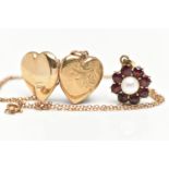 A 9CT GOLD HEART LOCKET PENDANT NECKLACE, AND A 9CT GOLD GARNET AND PEARL PENDANT, the heart