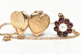 A 9CT GOLD HEART LOCKET PENDANT NECKLACE, AND A 9CT GOLD GARNET AND PEARL PENDANT, the heart