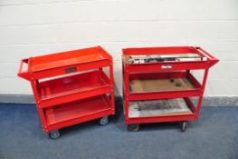 A CLARKE CTT5 WORKSHOP TROLLEY with three tiers and wheels along with another Clarke trolley and a