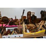 EIGHT BOXES AND LOOSE TREEN, to include carved animals and birds, some painted, decorative masks and