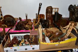 EIGHT BOXES AND LOOSE TREEN, to include carved animals and birds, some painted, decorative masks and