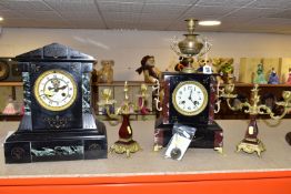 A LARGE BLACK SLATE AND MARBLE OPEN ESCAPEMENT MANTEL CLOCK, Japy Freres movement, beaded bezel,