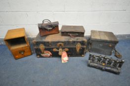 A SELECTION OF MISCELLANEOUS, to include a vintage tool chest, a vintage metal trunk, two index