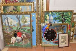 ELEVEN MODERN FRAMED NEEDLEWORK PICTURES ETC, subjects include a coaching scene, a unicorn hunting