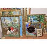 ELEVEN MODERN FRAMED NEEDLEWORK PICTURES ETC, subjects include a coaching scene, a unicorn hunting