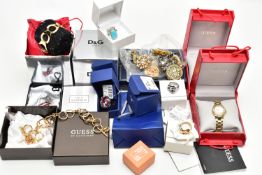 AN ASSORTMENT OF BRANDED COSTUME JEWELLERY AND WATCHES, to include a 'Guess' yellow metal fancy link
