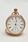 A GOLD PLATED 'WALTHAM' OPEN FACE POCKET WATCH, manual wind, round white dial signed 'American