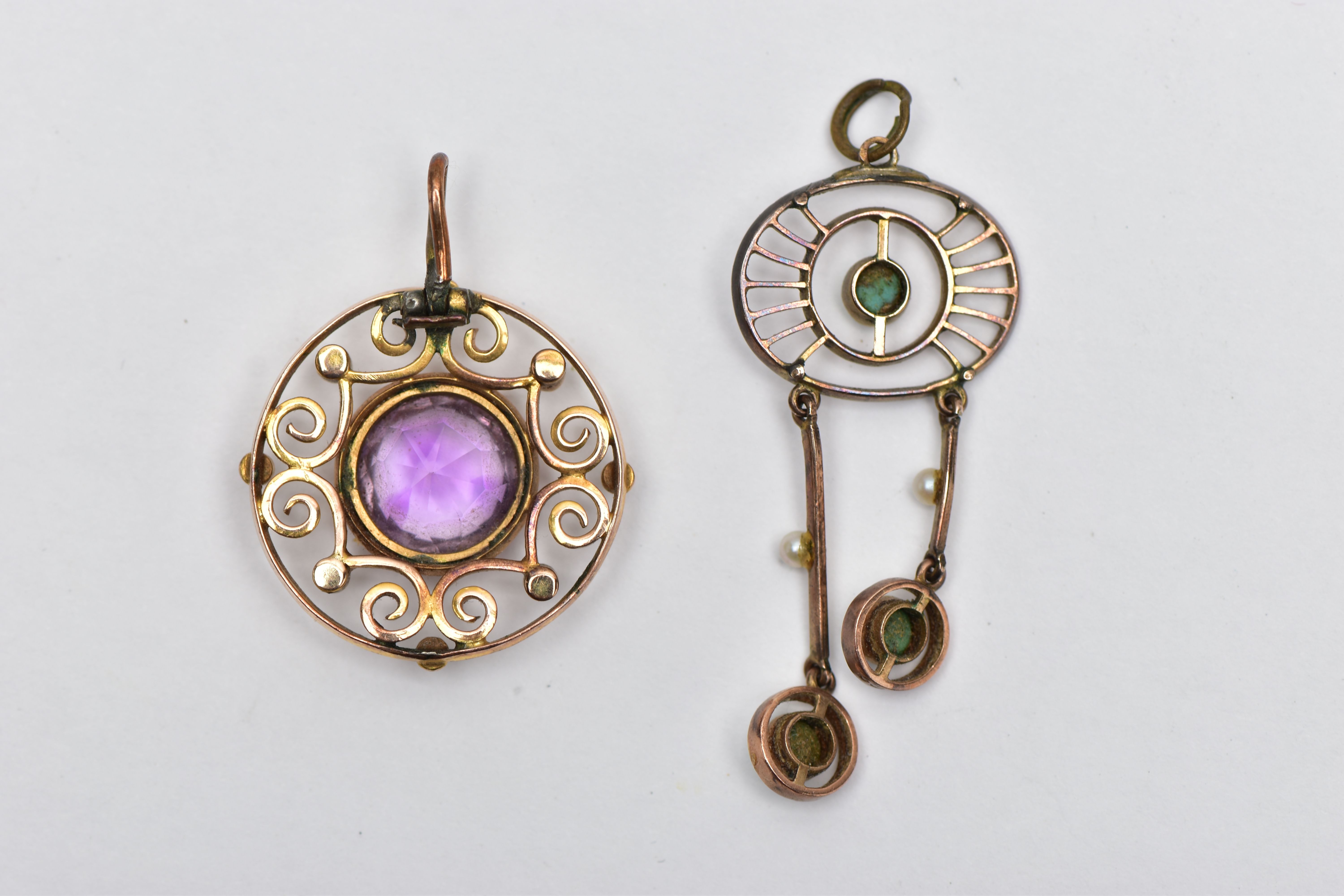 TWO YELLOW METAL EARLY 20TH CENTURY GEM SET PENDANTS, to include a turquoise cabochon and seed pearl - Image 2 of 2