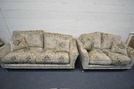 A PARKER KNOLL FOLIATE DESIGN ON A GOLD GROUND LOUNGE, comprising of two sized two seater settee'