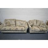 A PARKER KNOLL FOLIATE DESIGN ON A GOLD GROUND LOUNGE, comprising of two sized two seater settee'