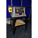 A CLARKE CTS10PLM 10in TABLE SAW on metal base with wooden shelf (PAT pass and working)