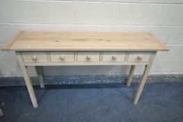 A BESBOKE SIDE TABLE WITH FIVE DRAWERS, length 140cm x depth 38cm x height 79cm (condition - split