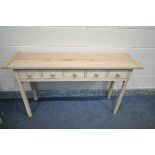 A BESBOKE SIDE TABLE WITH FIVE DRAWERS, length 140cm x depth 38cm x height 79cm (condition - split