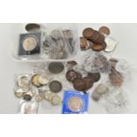 A PLASTIC BOX OF UK COINS AND COMMEMORATIVES, to include a small package of silver content coins 120