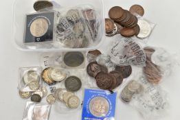 A PLASTIC BOX OF UK COINS AND COMMEMORATIVES, to include a small package of silver content coins 120