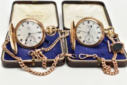 A pair of cased 1930s 9ct gold full hunter pocket watches, by Rotherham’s London, each pocket