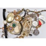 A BOX OF ASSORTED WATCHES AND COSTUME JEWELLERY, to include a gents 'Pulsar' wristwatch, model