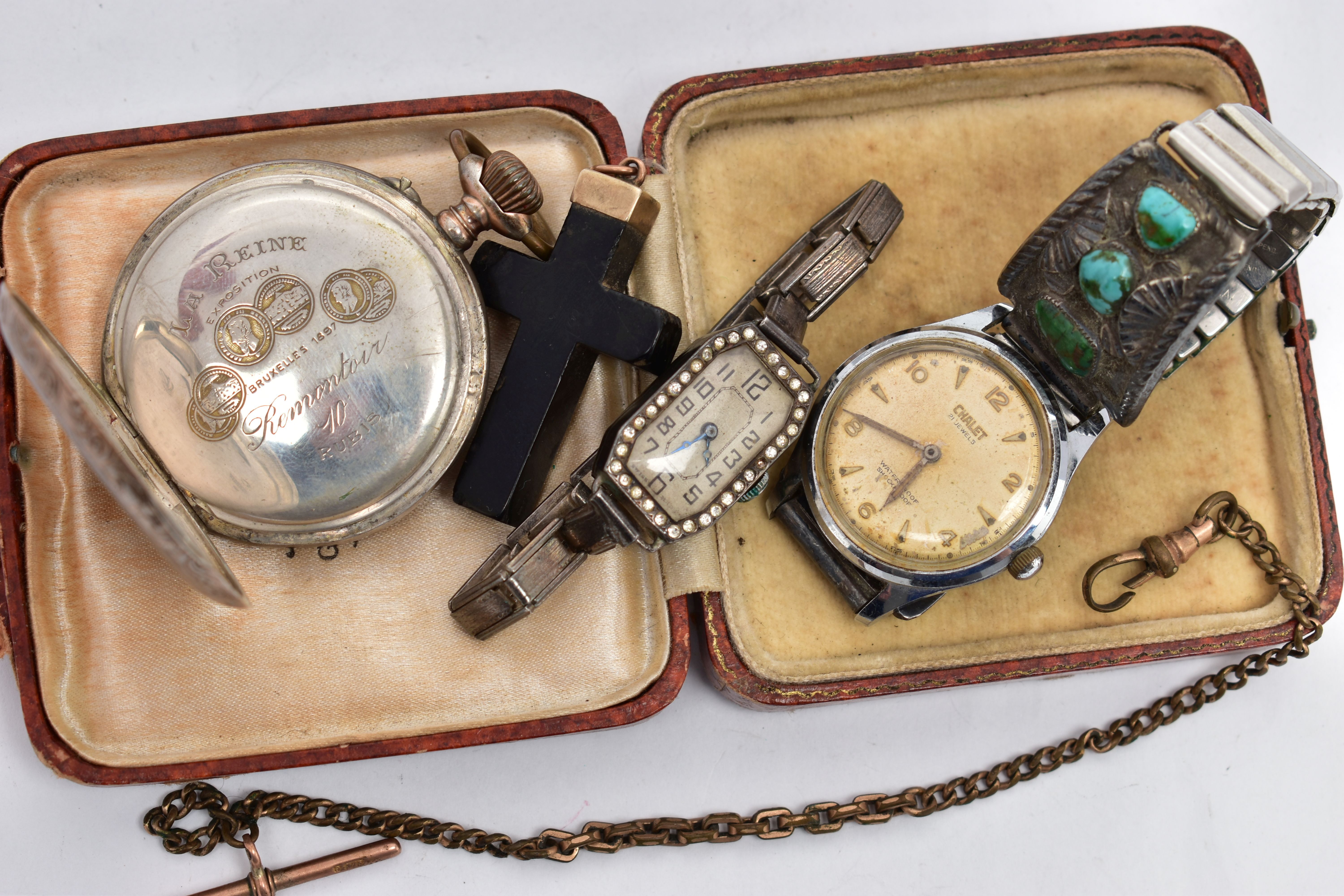 A 9CT GOLD T-BAR, JET CROSS PENDANT, POCKET WATCH AND WRISTWATCH, 9ct gold T-bar stamped 9.375, - Image 5 of 5