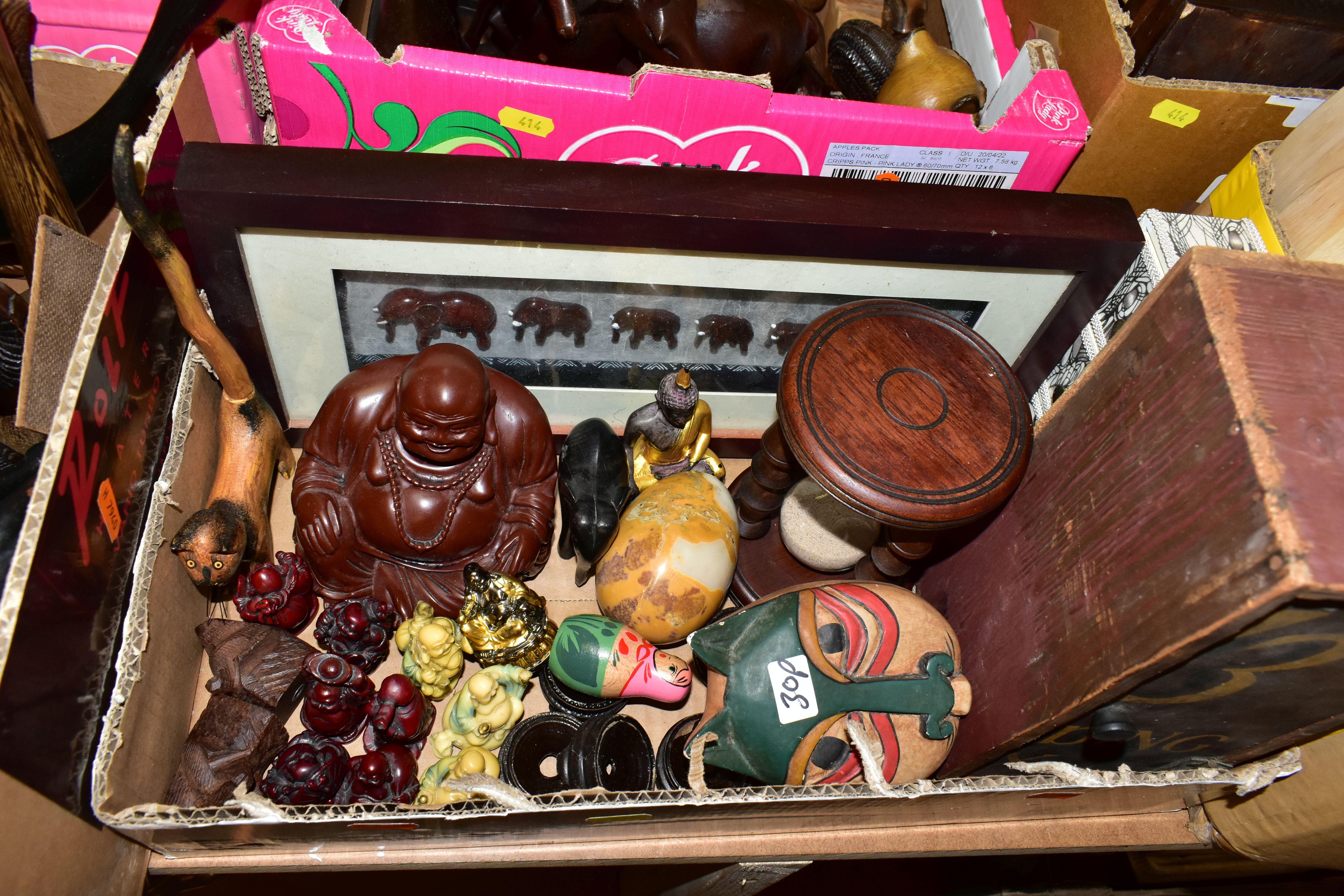 EIGHT BOXES AND LOOSE TREEN, to include carved animals and birds, some painted, decorative masks and - Image 6 of 11