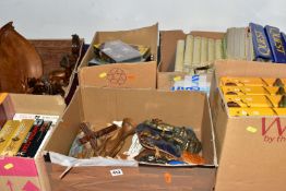 SIX BOXES OF RELIGIOUS STATUES, TREEN, BOOKS AND SUNDRY ITEMS, to include a box of Christian