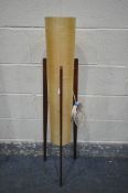 A MID-CENTURY SPUN FIBREGLASS ROCKET LAMP, on triple teak legs, height 113cm (condition:-good