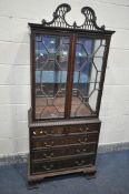 A GEORGIAN MAHOGANY ASTRAGAL GLAZED TWO DOOR DISPLAY CABINET, with an open fretwork swan neck