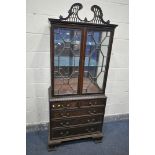 A GEORGIAN MAHOGANY ASTRAGAL GLAZED TWO DOOR DISPLAY CABINET, with an open fretwork swan neck