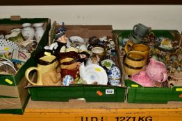 FOUR BOXES AND LOOSE DECORATIVE CERAMICS AND ORNAMENTS ETC, to include a quantity of Wade
