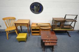 A SELECTION OF OCCASIONAL FURNITURE, to include a leather top coffee table, oak nest of three