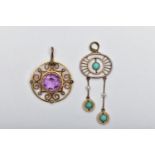 TWO YELLOW METAL EARLY 20TH CENTURY GEM SET PENDANTS, to include a turquoise cabochon and seed pearl