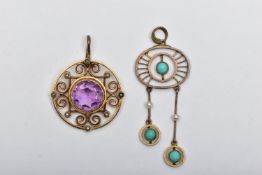 TWO YELLOW METAL EARLY 20TH CENTURY GEM SET PENDANTS, to include a turquoise cabochon and seed pearl