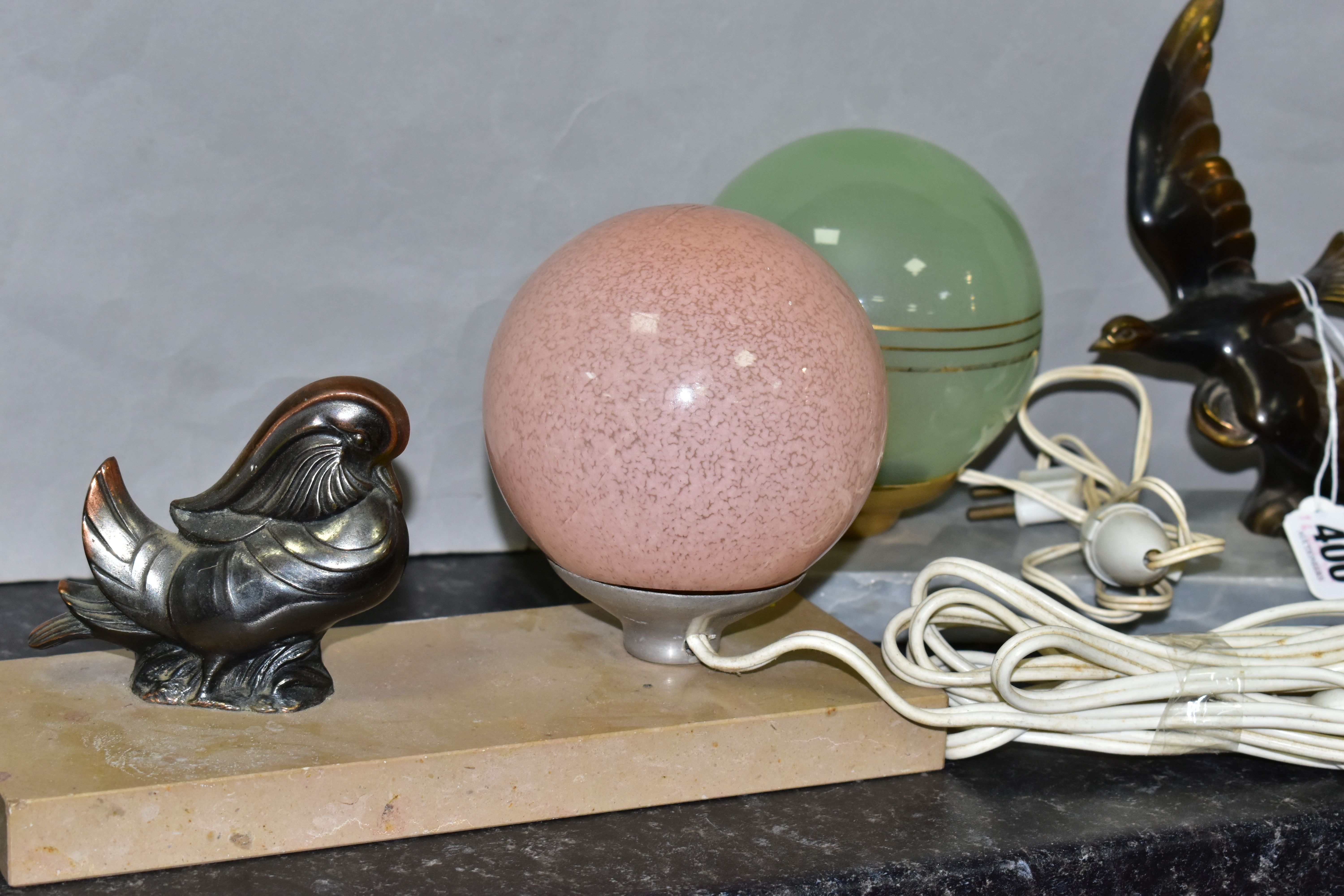 TWO FRENCH ART DECO TABLE LAMPS, one with green glass spherical shade and brass figure of a bird - Image 5 of 5