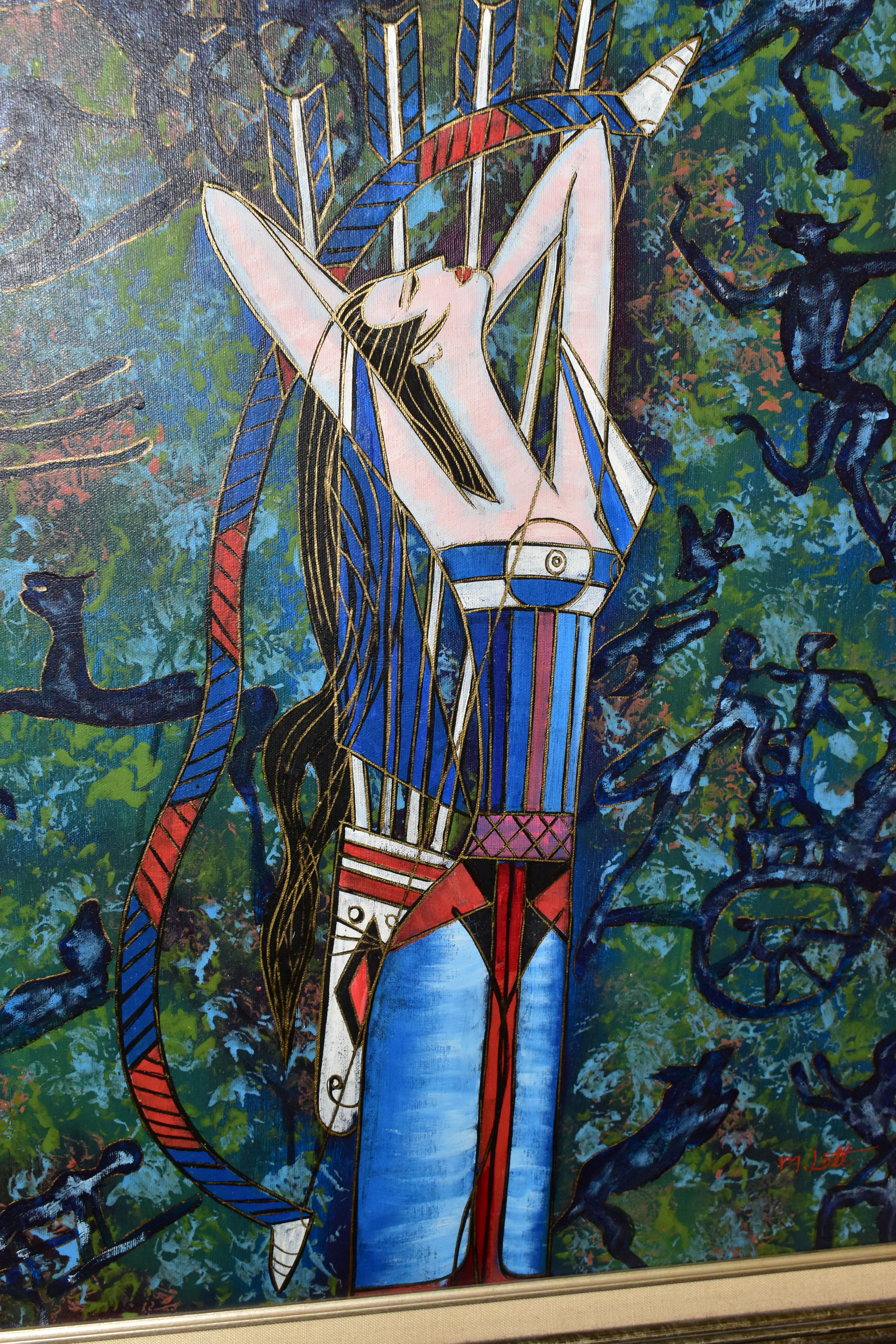 M.LOTT, (CONTEMPORARY) A STYLISED DEPICTION OF A FEMALE FIGURE SURROUNDED BY STYLISED HIEROGLYPHS, - Image 2 of 8