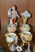 A ROYAL WORCESTER FIGURINE AND FIVE PIECES OF PORCELAIN BY LOCKE & CO LTD, WORCESTER, comprising