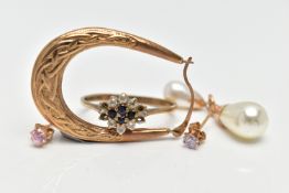 A 9CT GOLD CLUSTER RING AND A SINGLE HOOP EARRING, the cluster ring set with four circular cut