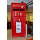 A METAL RED MAIL BOX INCLUDING TWO BRASS KEYS, can be wall mounted, removable collection